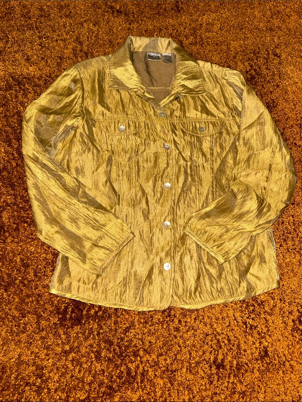 Chico's Metallic Gold Textured Button-Front Jean Jacket